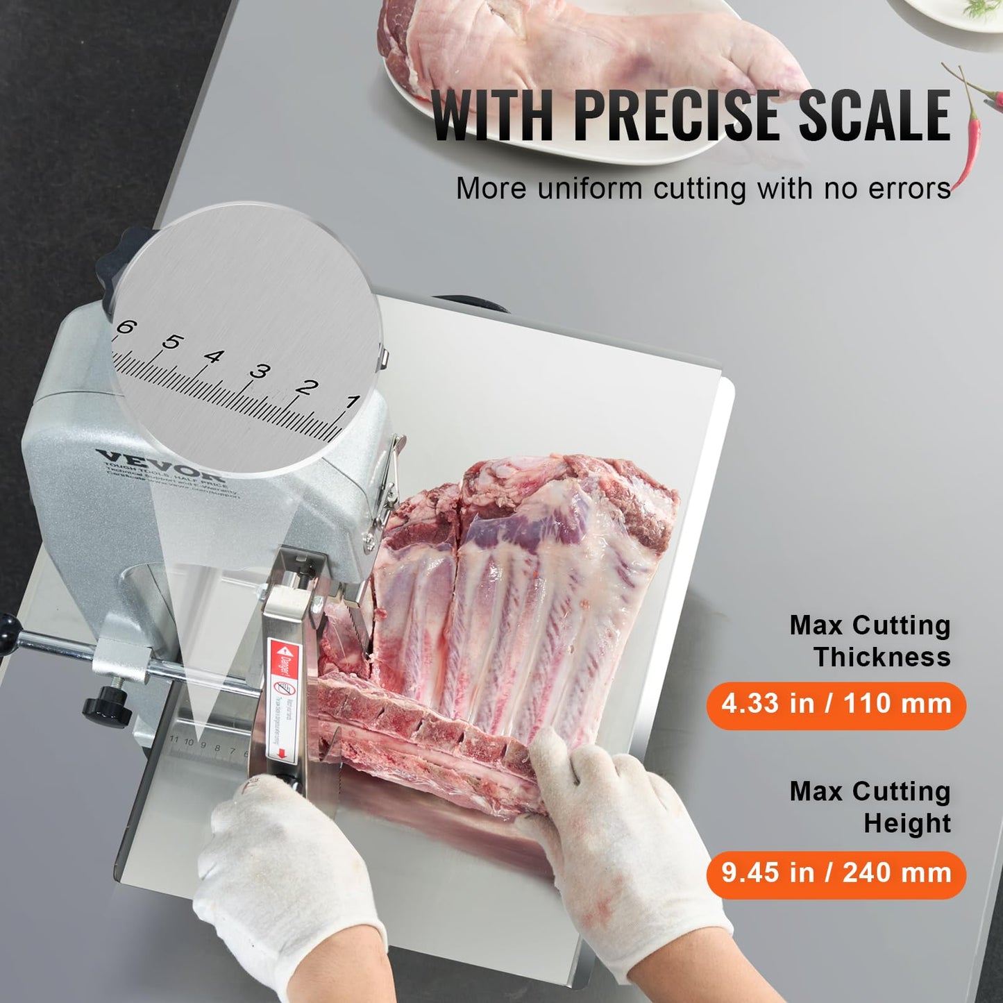 VEVOR Commercial Electric Meat Bandsaw, 650W Stainless Steel Countertop Bone Sawing Machine, Workbeach 12.4" x 18.1", 4.33 Inch Max Cutting Thickness, Frozen Meat Cutter for Rib Pork Beef - WoodArtSupply