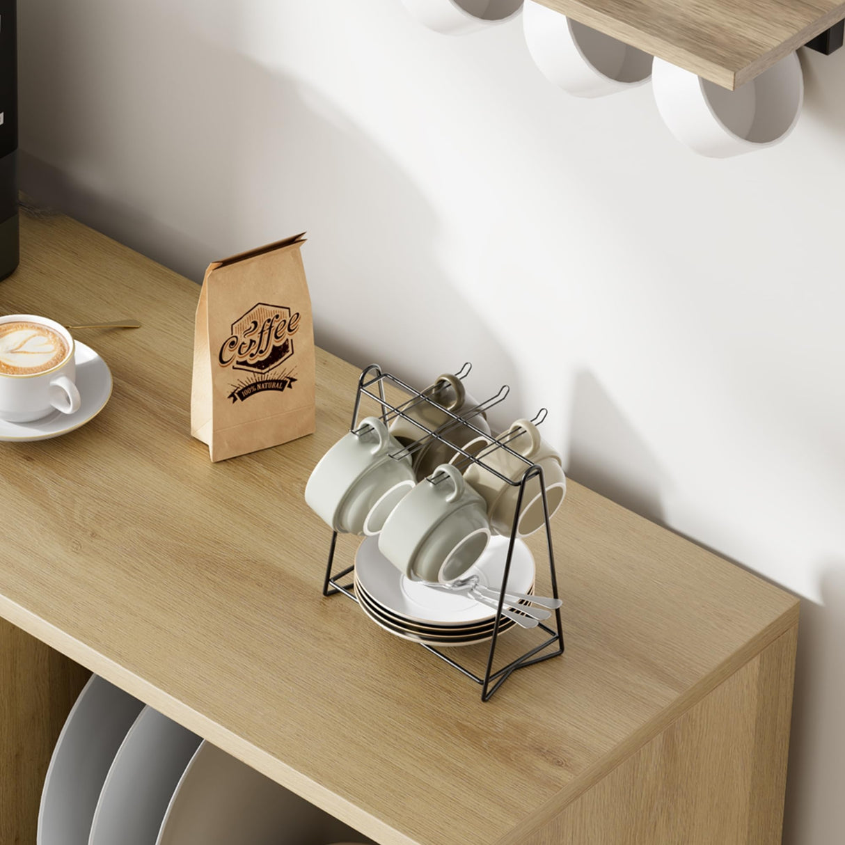 GAOMON Coffee Bar Cabinet, Rattan Sideboard Buffet Cabinet with Sliding Door, Wood Wine Liquor Cabinet, 4 Storage Cube Display Accent Cabinet, for Living Room, Kitchen, Dining Room GAOMON