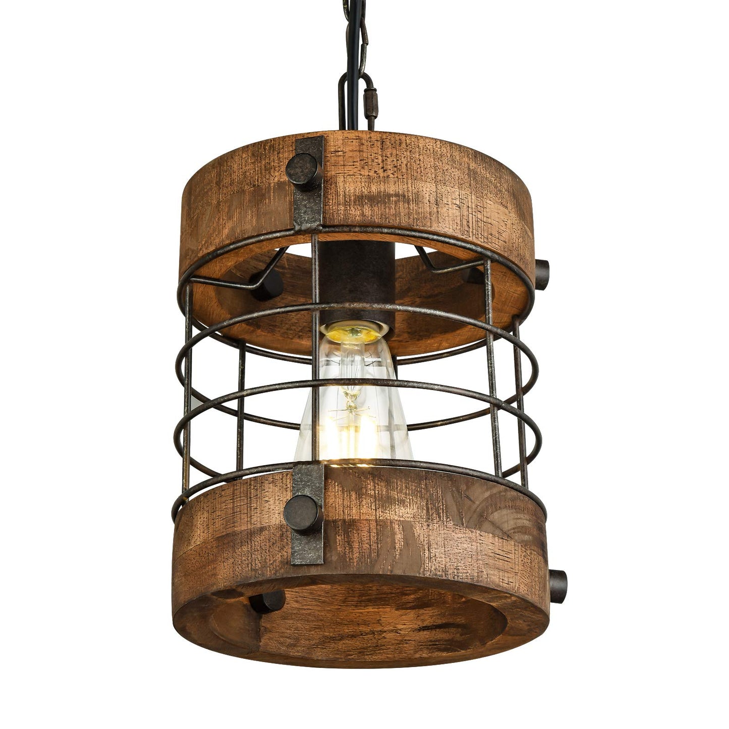 wochos Retro Industrial Metal and Wood Chandelier 1-Light Round Cage Pendant Light Fixture for Kitchen Island Foyer Hallway Bar Dining Room Restaurant, D 7.9" x H 8.7" (Brown) - WoodArtSupply