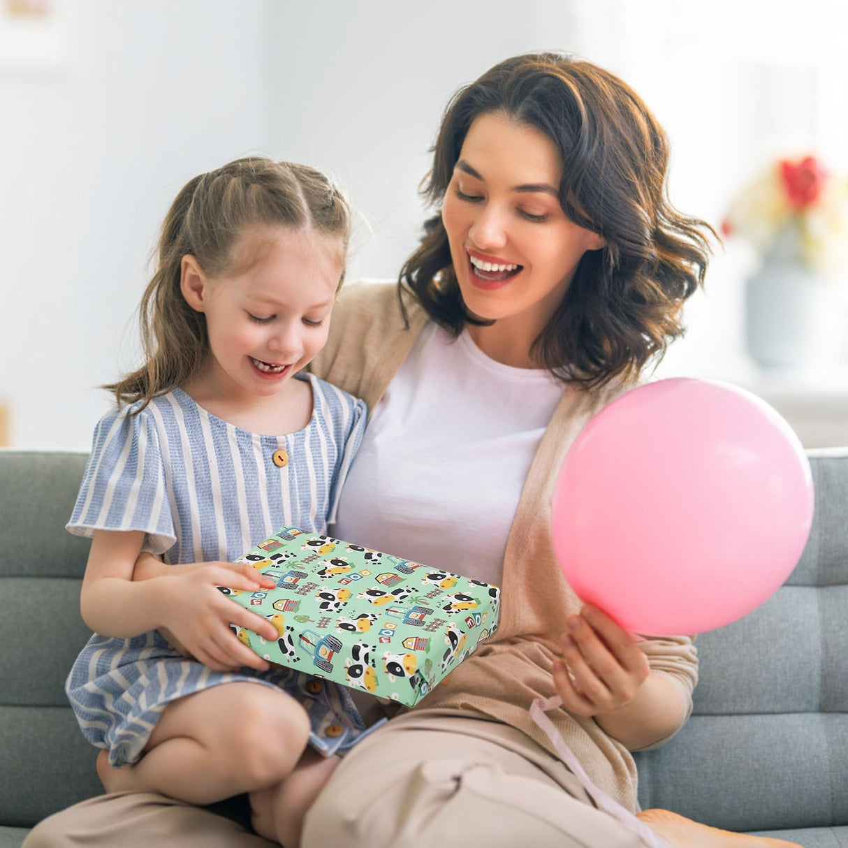 NEPOG Farm Cow Wrapping Paper for Boys Girls Kids, Cute Cow Farmhouse Tractor Farm Theme Design Green Birthday Paper 6 Sheets Folded Flat 20x28 inches per Sheet for Birthday Party Baby Shower NEPOG