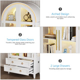 EOAWE Arched Curio Cabinet with Glass Doors, 4-Tier Display Cabinet with 2 Drawers, Tall Bookcase with 3 Color Lights, Display Case, Kitchen Pantry (White) EOAWE