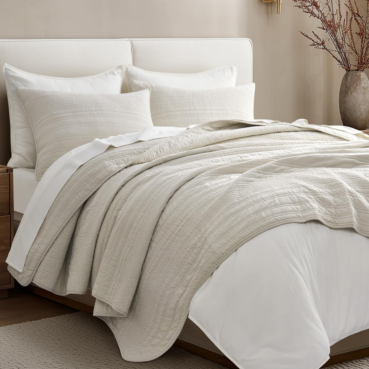 EVERGRACEHOME 100% Cotton Modern Lines Quilt Set King Size, Pre-Washed Soft Striped Coverlet Bedspread, 3 Piece Lightweight Bedding Set for All Season, with 2 Pillow Shams, Birch EVERGRACEHOME