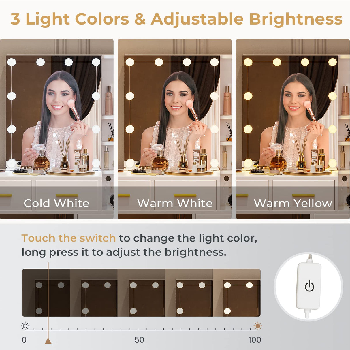 BTHFST Vanity Desk with Sliding Mirror and Lights, Makeup Vanity with Lights and Charging Station, Makeup Desk with 5 Drawers, Modern Vanity Table with Hidden and Open Storage Shelves, White BTHFST