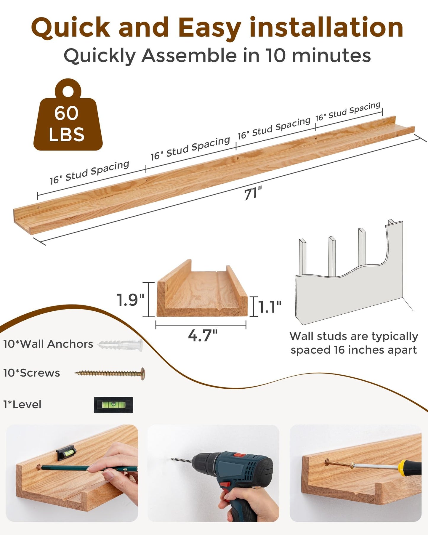 Axeman Oak Floating Shelves 71 Inch Picture Ledge Shelf Set of 2, Solid Wood Shelves with Lip for Wall Decor Storage Bedroom Living Room Bathroom Kitchen, Natural Oak - WoodArtSupply