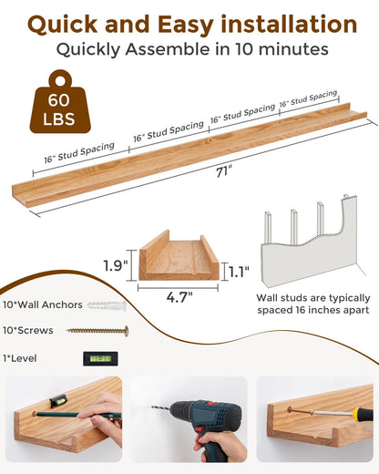 Axeman Oak Floating Shelves 71 Inch Picture Ledge Shelf Set of 2, Solid Wood Shelves with Lip for Wall Decor Storage Bedroom Living Room Bathroom Kitchen, Natural Oak - WoodArtSupply