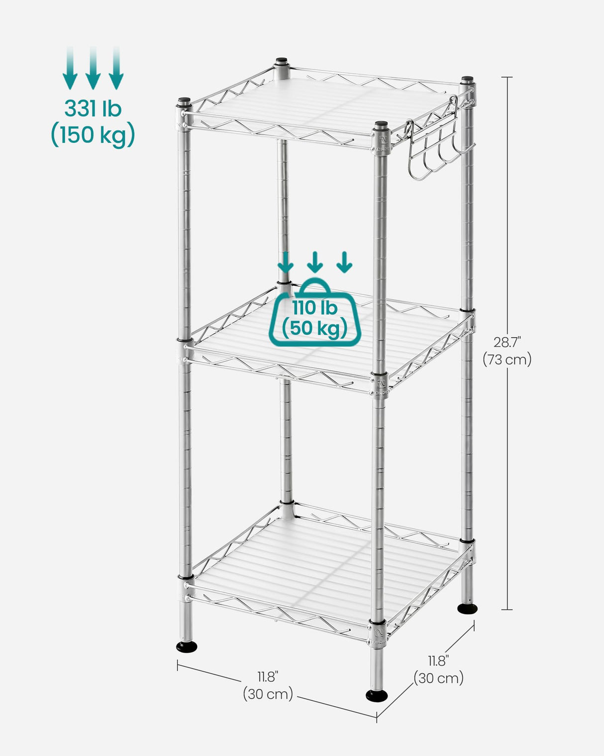 SONGMICS 3-Tier Bathroom Shelf, Storage Rack for Small Space, with 3 PP Shelf Liners, Removable Hook, Extendable Design, Silver and Translucent ULGR103E01 SONGMICS