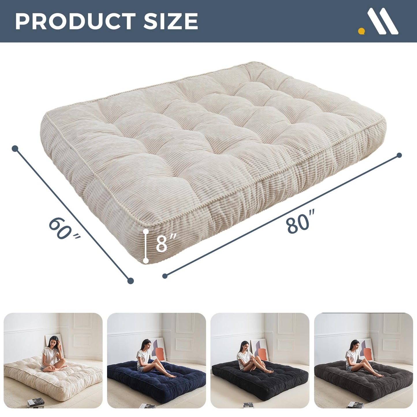 MAXYOYO 8" Futon Mattress Queen Size, Ultra Thick Futons Sofa Couch Bed Tufted Sleeper Sofa Bed, Corded Fabric Floor Mattress for Adults, Shredded Foam Filling (Frame Not Included), Beige