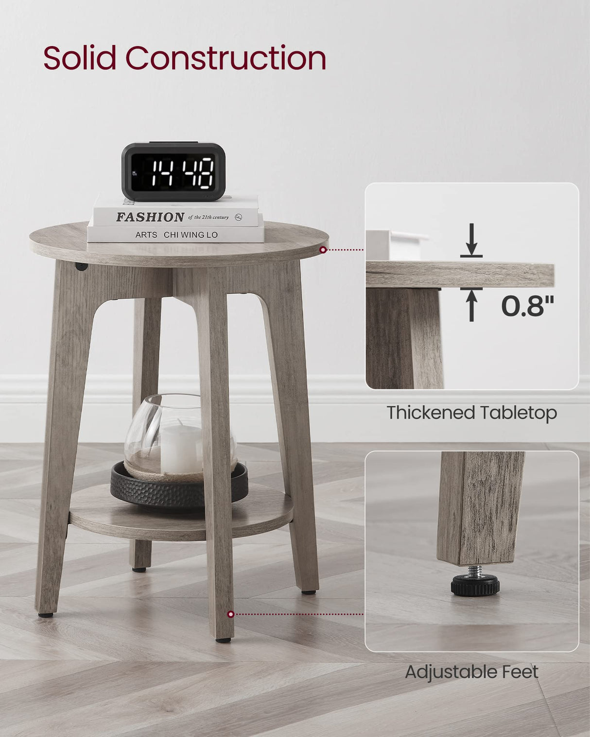 VASAGLE Side Table, Small Round End Table with Lower Shelf, Nightstand for Small Spaces, Living Room, Bedroom, Greige ULET283T02 VASAGLE