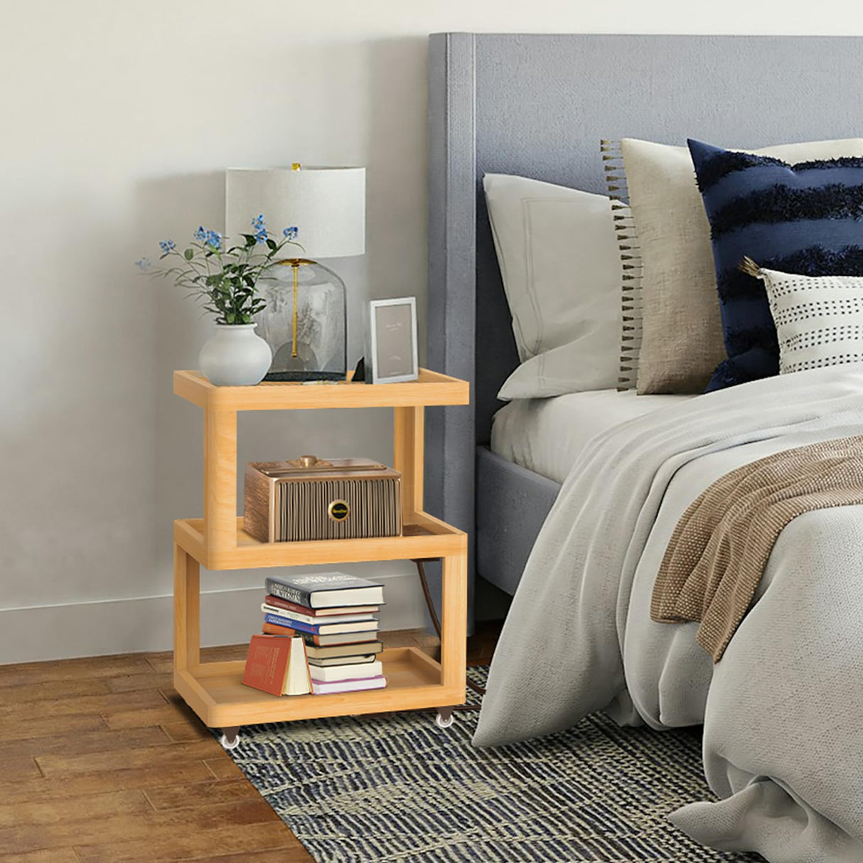 Bamboo Bed Side Table with Charging Station, Modern Boho Bedroom Nightstand with Tempered Glass Top, S Shape 3 Tier End Table Sofa Side Table with Wheels for Living Room, Bedroom, Easy Assembly DOKYW