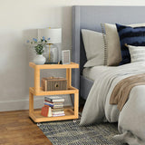Bamboo Bed Side Table with Charging Station, Modern Boho Bedroom Nightstand with Tempered Glass Top, S Shape 3 Tier End Table Sofa Side Table with Wheels for Living Room, Bedroom, Easy Assembly DOKYW
