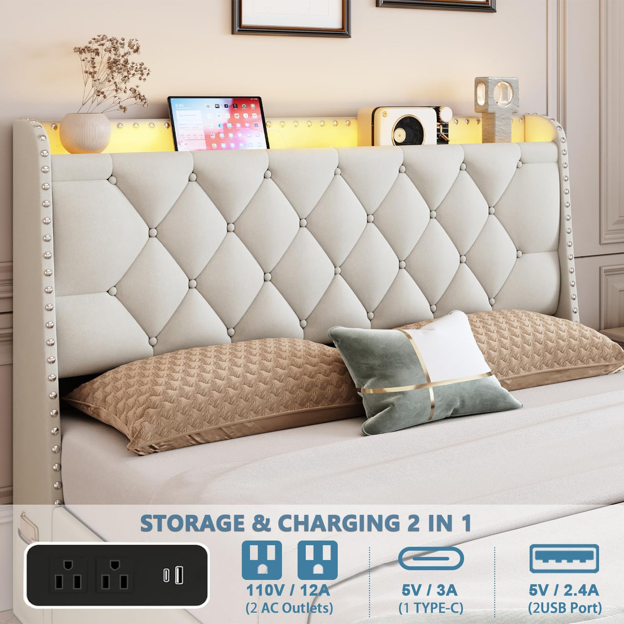 TIGUBFRE Full Size Bed Frame with 4 Drawers and Storage Headboard, Upholstered Tufted Wingback Bed Frame with LED Lights and Charging Station, No Box Spring Needed, Easy Assembly, Noise Free, Beige TIGUBFRE