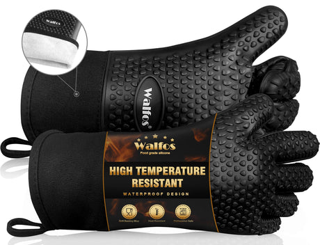 Walfos Silicone BBQ Gloves - Heat Resistant Grilling Gloves, Premium Non-Slip Kitchen Silicone Oven Mitt With Protective Cotton Layer Inside, Waterproof, Great for Grilling, Kitchen and Cooking, Black Walfos