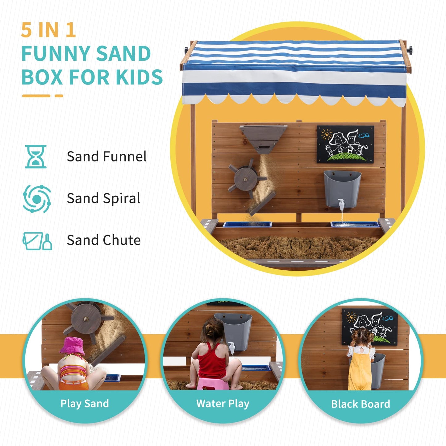 Kids Large Wooden SandBoxes with Roof, Pipleo Outdoor Sand Box Play w/Canopy for Backyard Garden Beach, Sand Pit for Beach Patio Outdoor, [Adjustable Cover & Sand Funnel & Drawing Board] - Brown Oak
