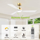 DAMINY Natural Solid Wood White and Gold 52 inch Ceiling Fan with Light,3 Blade Ceiling Fan with Light,6CCT,Low Profile Ceiling Fan with Light and Remote Control DAMINY