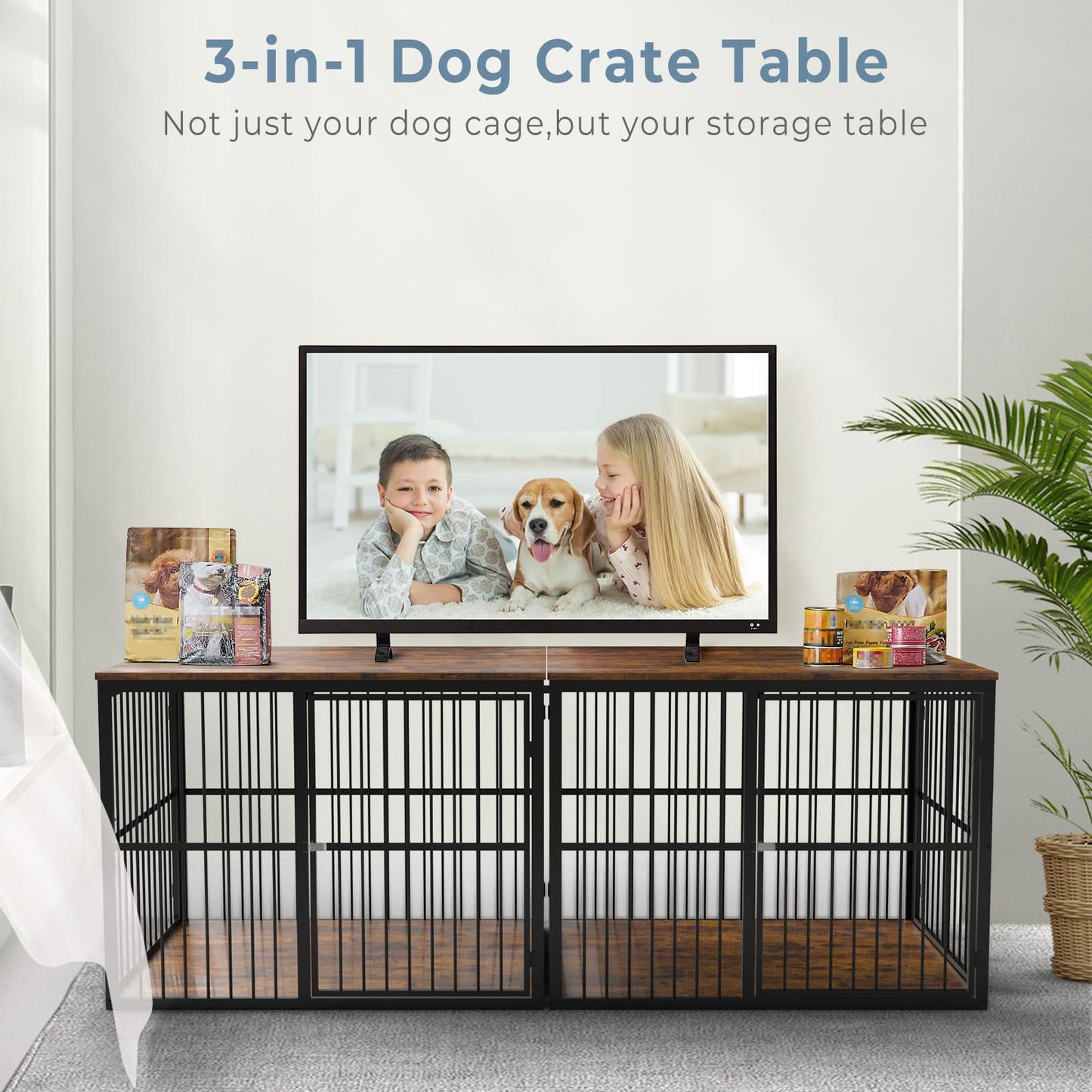 Lyromix 86.62''Dog Crate Furniture Large Breed TV Stand for 2 Dogs with Double Rooms,Wooden Dog Kennel Dog Crate End Table with Removable Divider for Large Medium Dogs, Can Use Separately, Br - WoodArtSupply