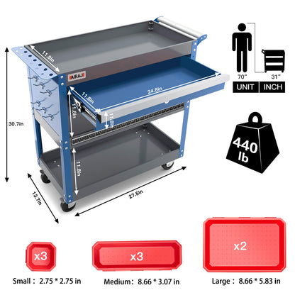 AIRAJ 3 Tier Rolling Tool Cart,Mechanic Tool Cart on Wheels,Industrial Utility Cart with Drawers and Pegboard,440 LBS Capacity Tool Storage Cart for Garage,Warehouse,Blue - WoodArtSupply