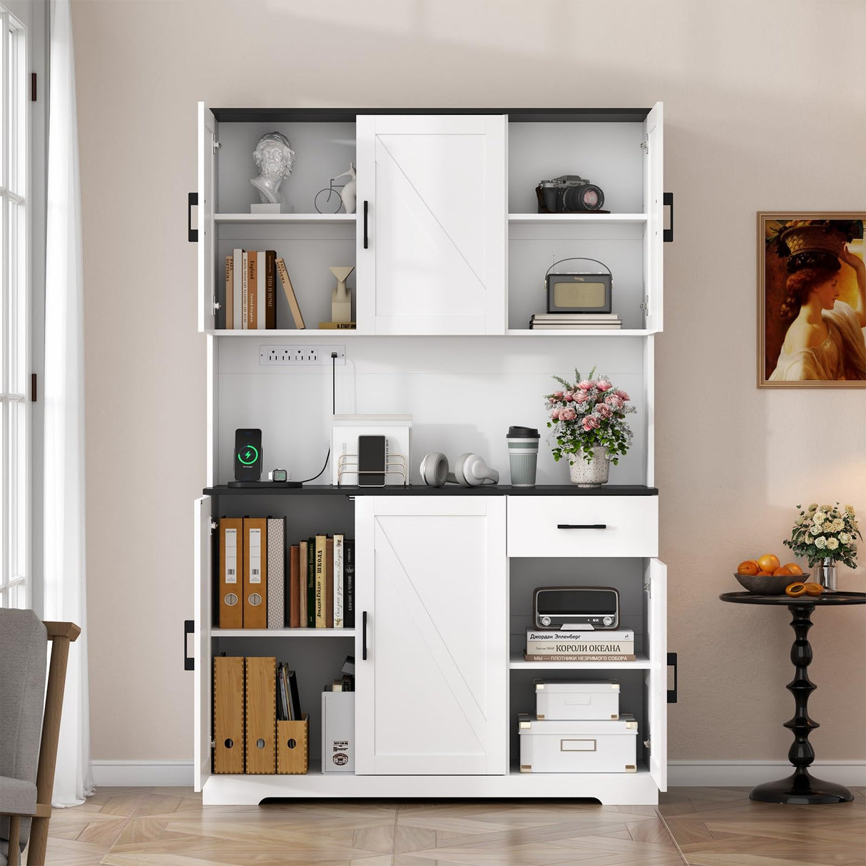 71’’ Farmhouse Kitchen Pantry Cabinet, Tall Kitchen Storage Cabinet with Power Outlet, Freestanding Kitchen Hutch Cabinet with Drawer, 4 Adjustable Shelf & 6 Doors for Kitchen Living Room (White) Gyfimoie