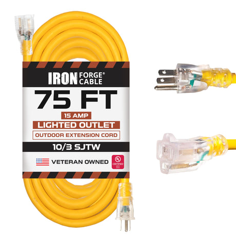Iron Forge Cable 10 Gauge Extension Cord 75 ft, 10/3 Heavy Duty Extension Cord Outdoor 3 Prong, Weatherproof Yellow Power Cable 15 AMP Great for Major Appliances, US Veteran Owned IRON FORGE CABLE
