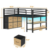 BTHFST Twin Size Low Loft Bed with 6 Fabric Storage Drawers, Metal Loft Bed Twin with LED Lights & Open Storage Shelves, 15" H Safety & Guardrail Stairs Loft Bed for Kids, Black & Natural BTHFST