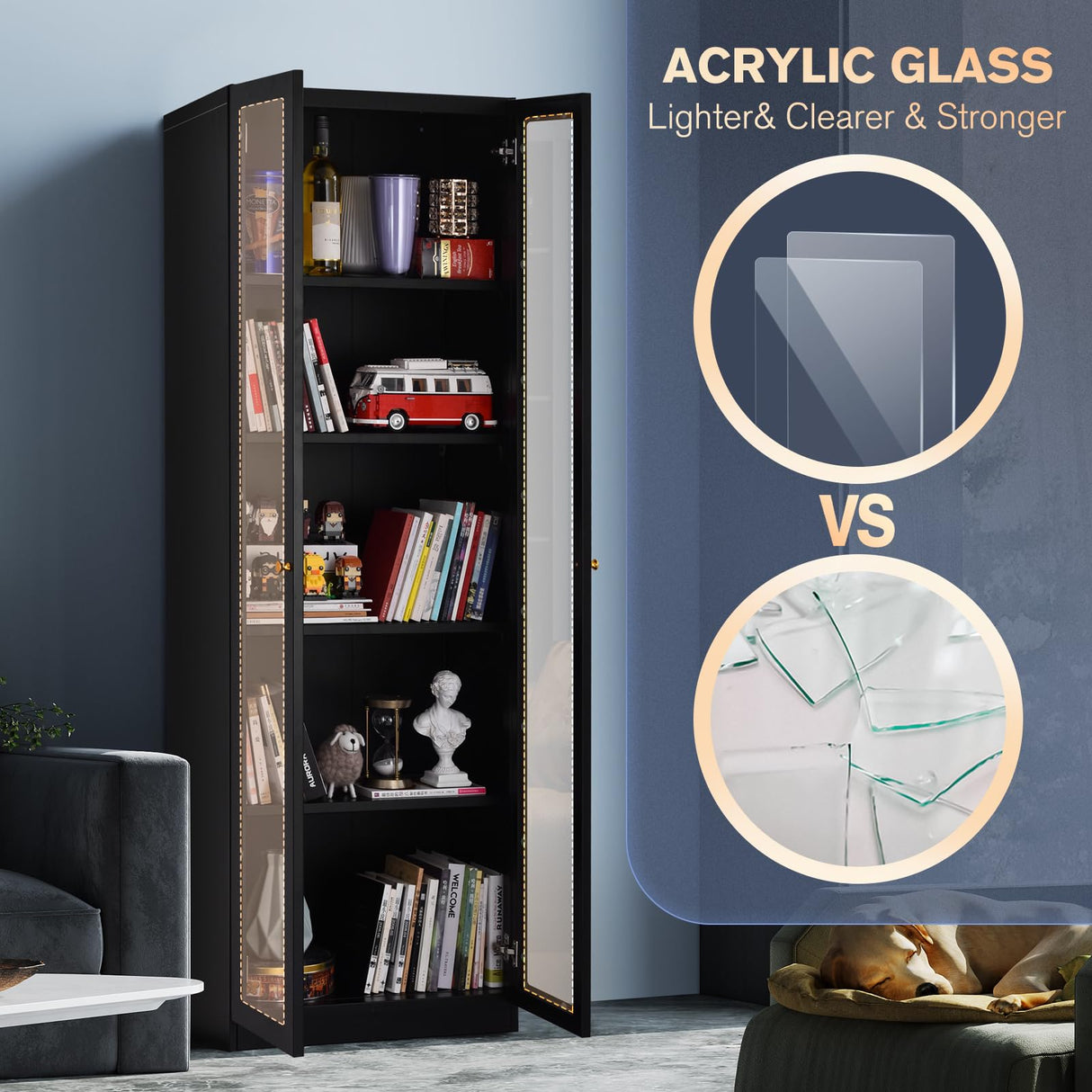 Alvisyd 5 Tier Metal Curio Cabinets, Modern Bookshelf Cabinet with 4 Adjustable Shelves, Cabinet Display Case for Home Office, Living Room, Pantry (Black) Alvisyd