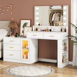 AOGLLATI Makeup Vanity Desk with Mirror and Lights & Charging Station, White Vanity Table with 3 Drawers LED Dresser, Makeup Desk with 3 Lighting Modes, 5 Drawers and Cabinet Storage AOGLLATI