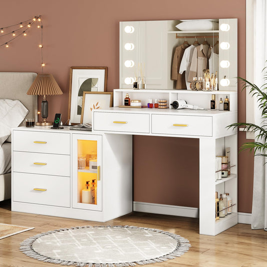 AOGLLATI Makeup Vanity Desk with Mirror and Lights & Charging Station, White Vanity Table with 3 Drawers LED Dresser, Makeup Desk with 3 Lighting Modes, 5 Drawers and Cabinet Storage