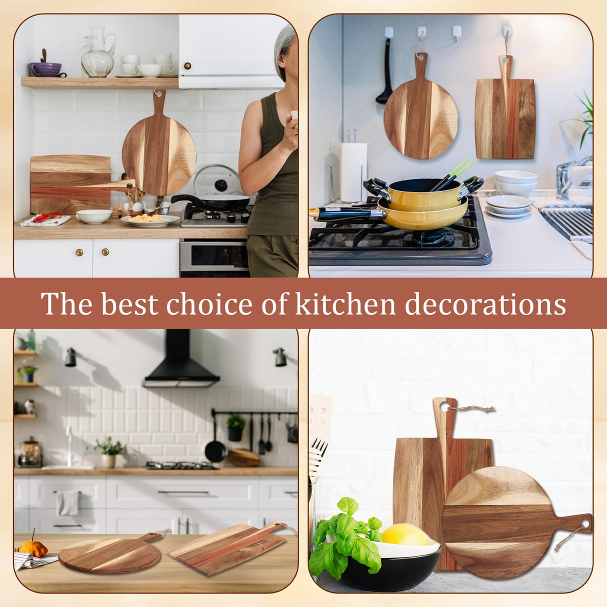 Hsei 2 Pcs Acacia Wood Cutting Board with Handle Wooden Charcuterie Board Large Paddle Carving Chopping Board Set Butter Board Serving Tray for Cheese Meat Fruit Pizza Bread Baking (16x12, 17x10inch) Hsei