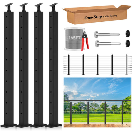 Gyykzz 36" One-Stop Cable Railing Post Kit, 4 Pack Level Drilled Line Post, Adjustable Top Cable Railing System Including 4 Railing Post, 165ft Cable, 10 Sets Terminal, 80 Cable Grommets (No Handrail) Gyykzz