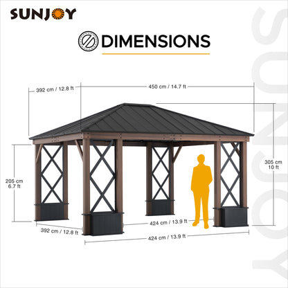 Sunjoy 13 ft. x 15 ft. Hardtop Gazebo, Outdoor Black Steel Roof Gazebo Aluminum Framed Gazebo with Planters and Ceiling Hook for Patio, Garden, and Backyard Activities by SummerCove - WoodArtSupply