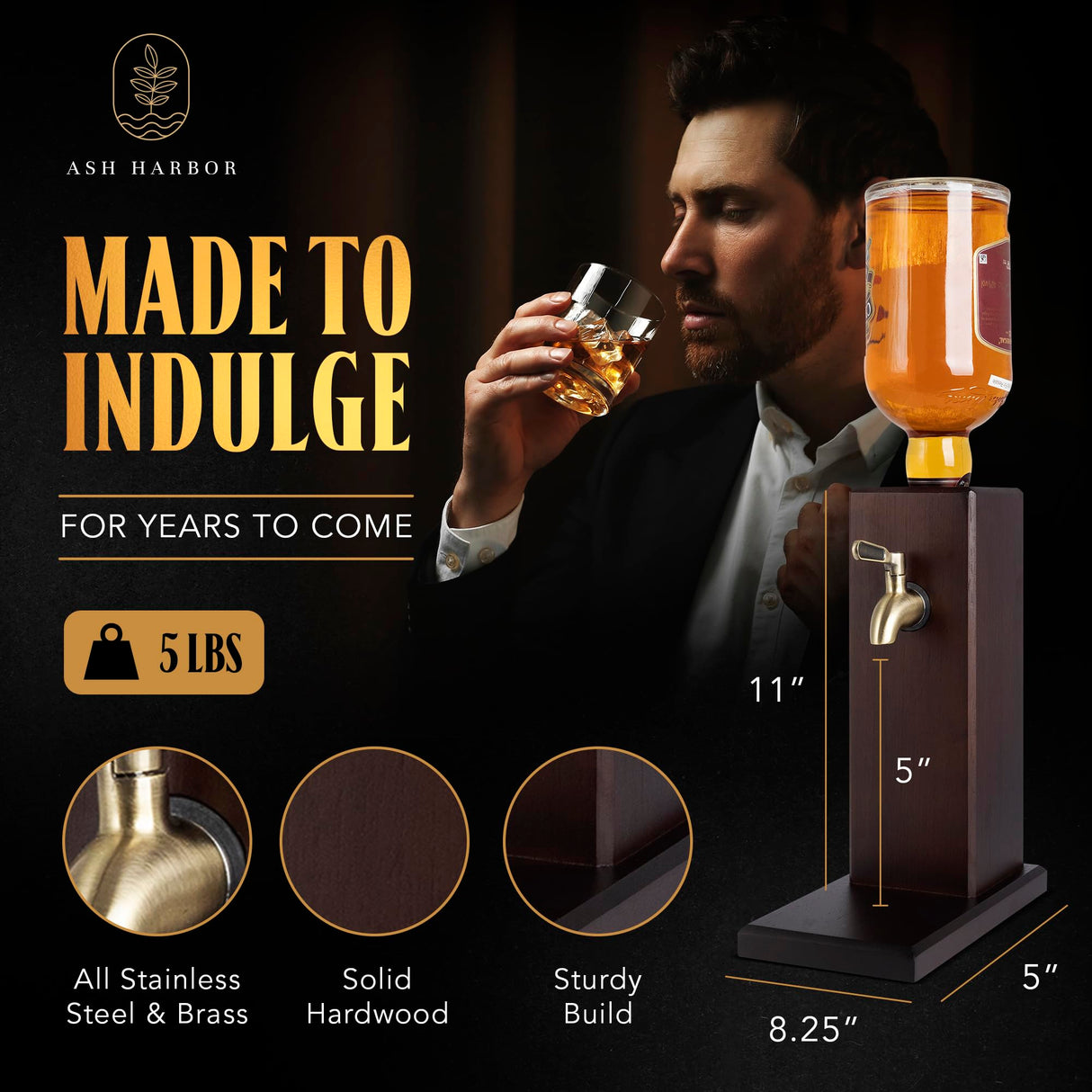 Countertop Liquor Dispenser for Home Bars – Wooden Whiskey Dispenser with Food-Safe All-Metal Valve – Bourbon Decanter & Whiskey Decanter for a Classy Presentation, Alcohol Gifts for Men by Ash Harbor Ash Harbor