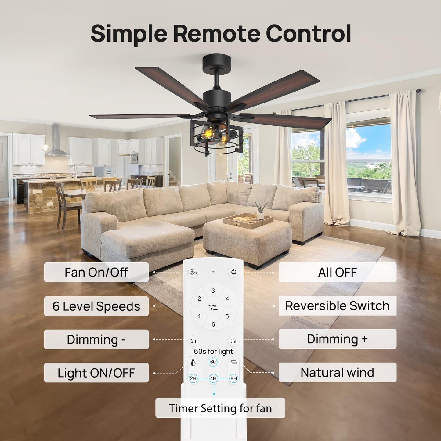 Consciot 52 Inch Ceiling Fan With Lights, Farmhouse Indoor Ceiling Fan With Remote, Quiet Reversible DC Motor, 5 Double Finish Wood Blades, Dimmable 2*E26 Bulbs(not included), Mela Model