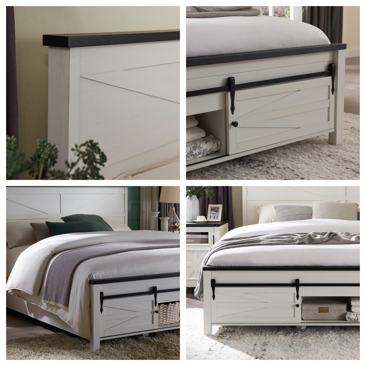 ACCOHOHO Farmhouse Full Size Bed Frame with Barn Door Storage, Platform Bed Frame with Headboard, Rustic Bed, Solid Wood Slats Support/Noiseless/No Box Spring Needed (White) ACCOHOHO