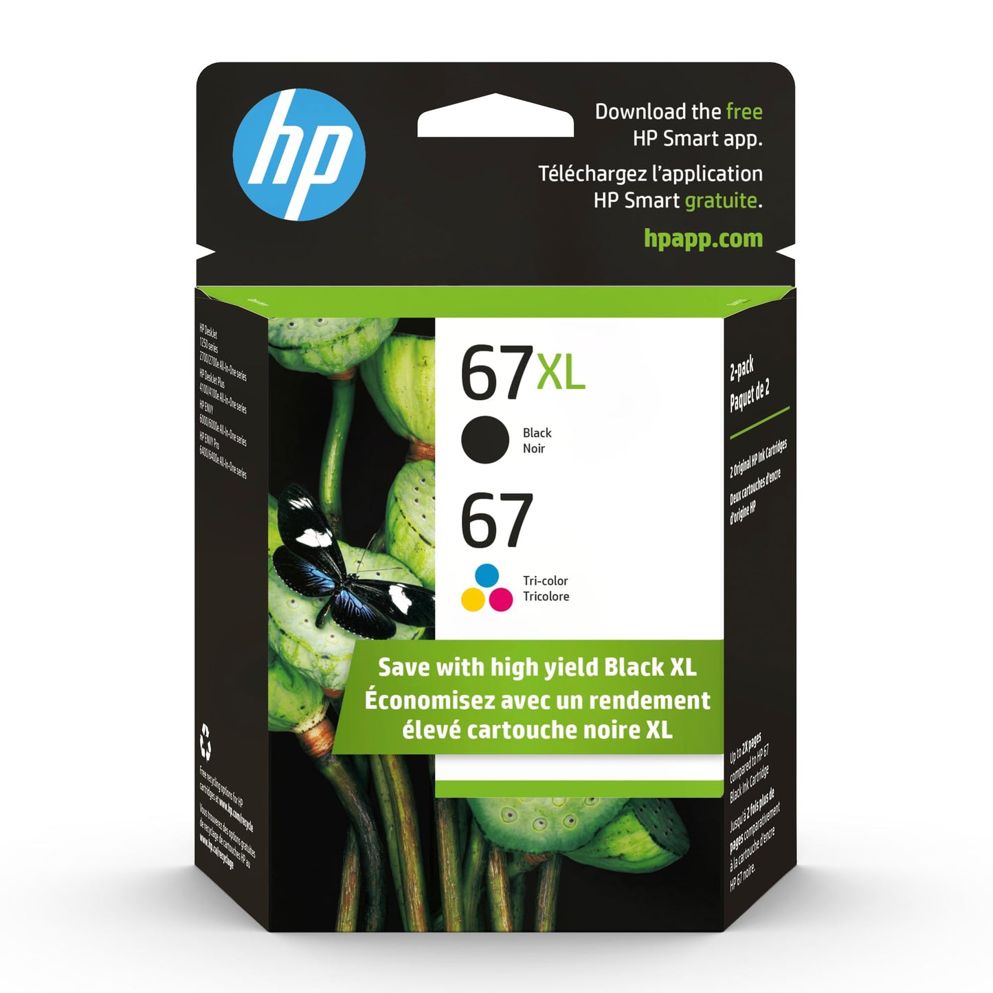 Original HP 67 Tri-color / 67XL Black Ink Cartridges (2-pack) | Works with HP DeskJet 1255, 2700, 4100 Series; HP ENVY 6000, 6400 Series | Eligible for Instant Ink | 3YP30AN