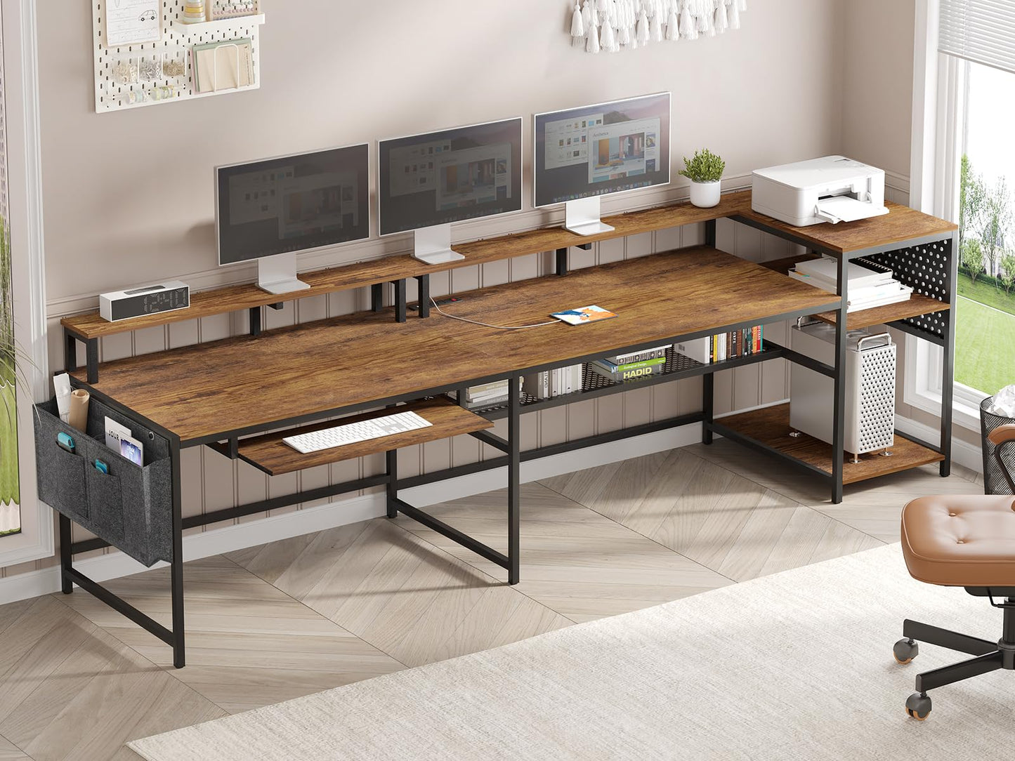 SEDETA Reversible L Shaped Computer Desk with Power Outlets, LED Strip, and Ample Storage in Rustic Brown - WoodArtSupply