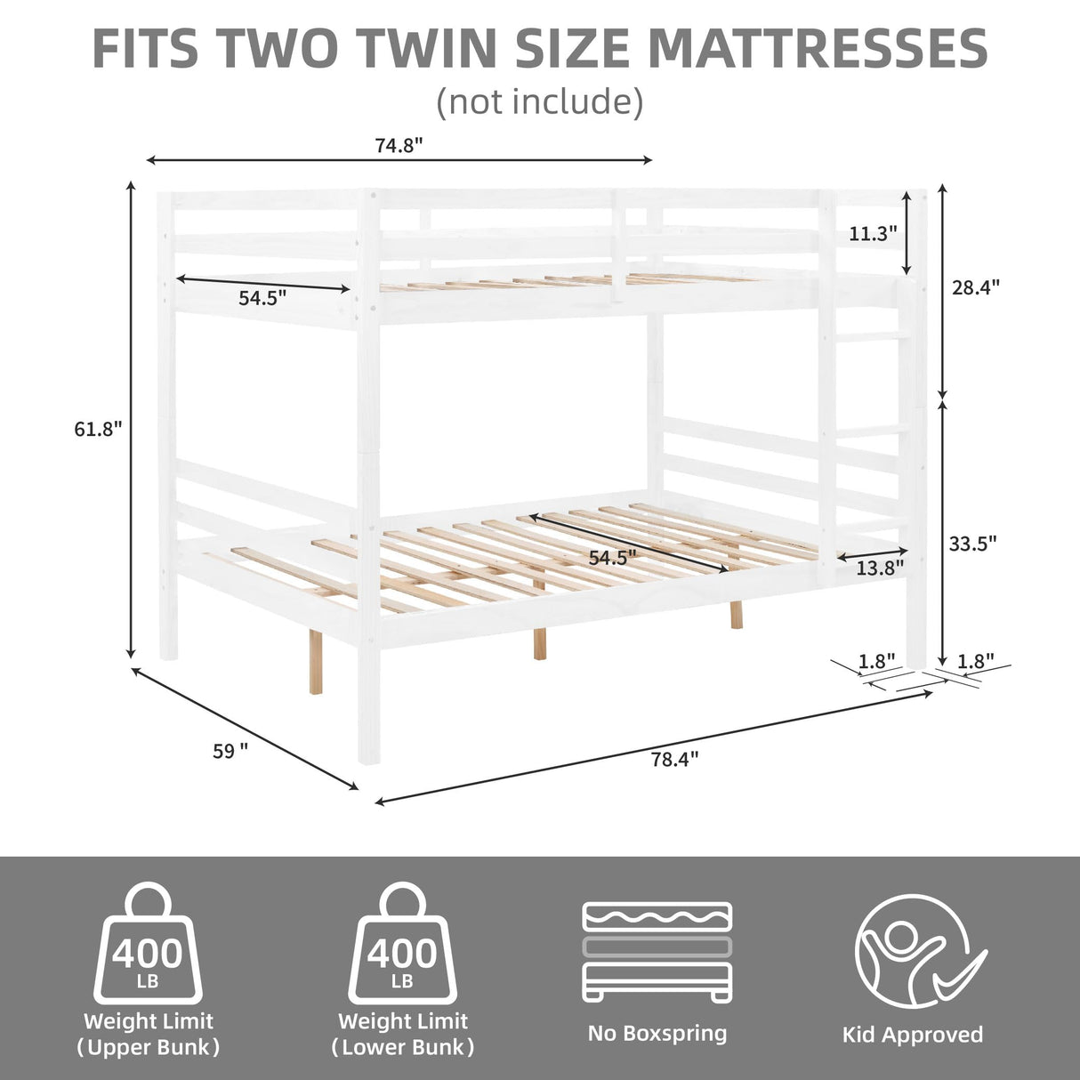 FLEXISPOT Full Over Full Solid Wood Bunk Bed with Ladder,Wooden Bunk Bed with High Guardrail and Ladder for Kids, Teens, Dorm Rooms, and Guest Rooms,No Box Spring Needed,White FLEXISPOT