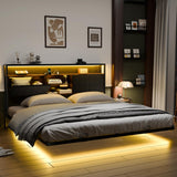 VINGLI King Size Floating Bed Frame with LED Lights and Charging Station, Cozy Hidden Storage Velvet Upholstered Headboard,No Box Spring Needed,Easy Assembly,Black VINGLI