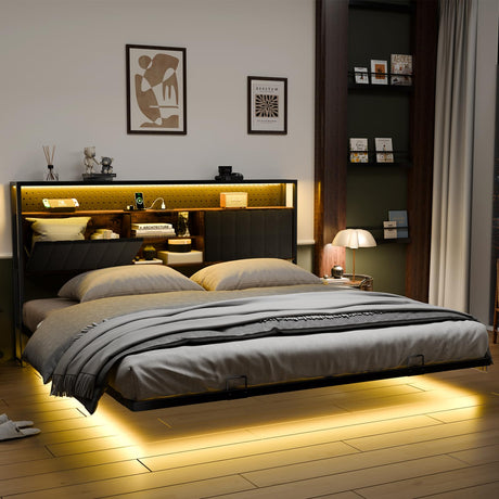 VINGLI King Size Floating Bed Frame with LED Lights and Charging Station, Cozy Hidden Storage Velvet Upholstered Headboard,No Box Spring Needed,Easy Assembly,Black VINGLI