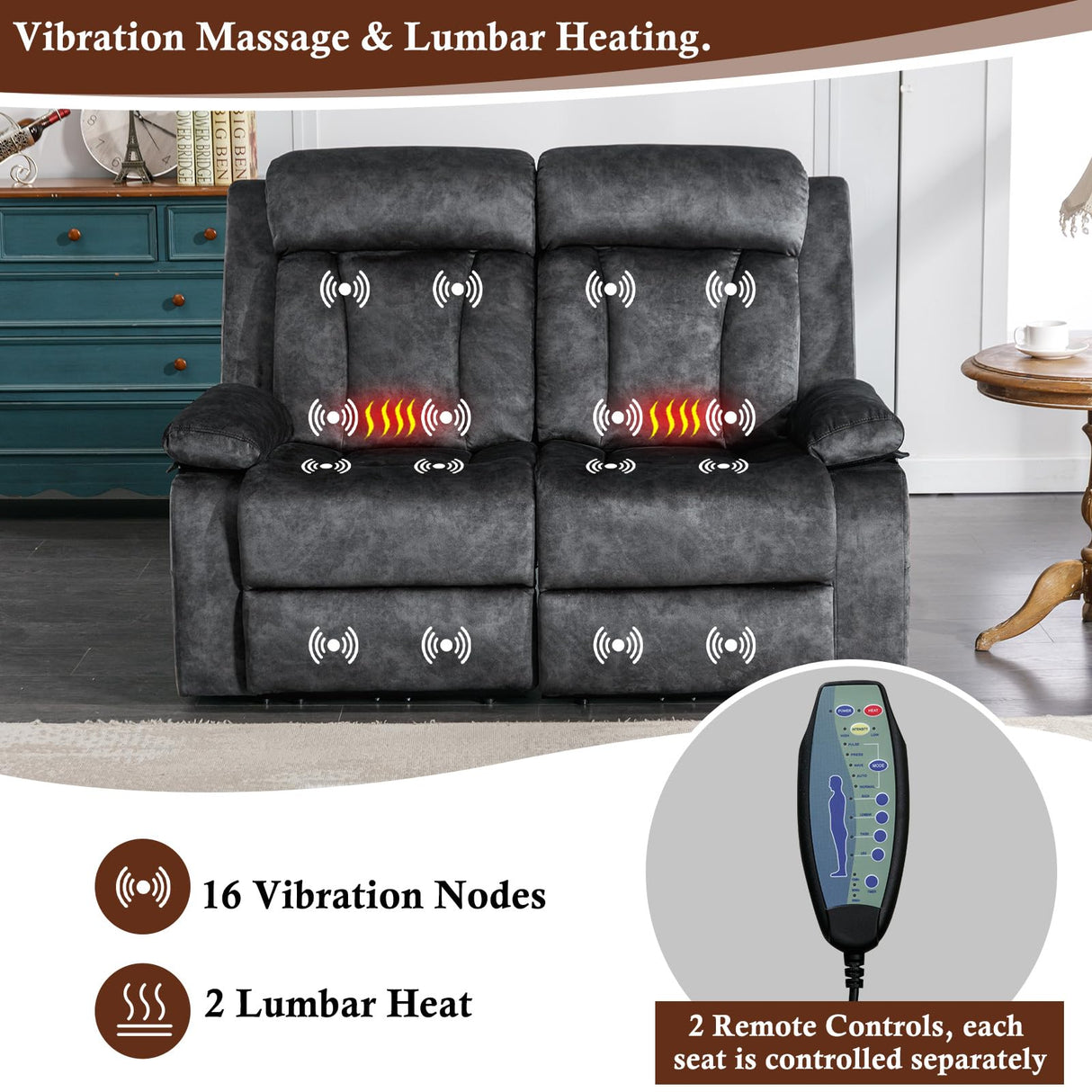 GUEAPY Power Reclining Loveseat with Console, Heat & Massage, Wall Hugger Design - 2-Seat Sofa with Cup Holders, USB & Type-C Ports, Plush Dutch Velvet Recliner for Living Room, RV, Office, Apartment GUEAPY