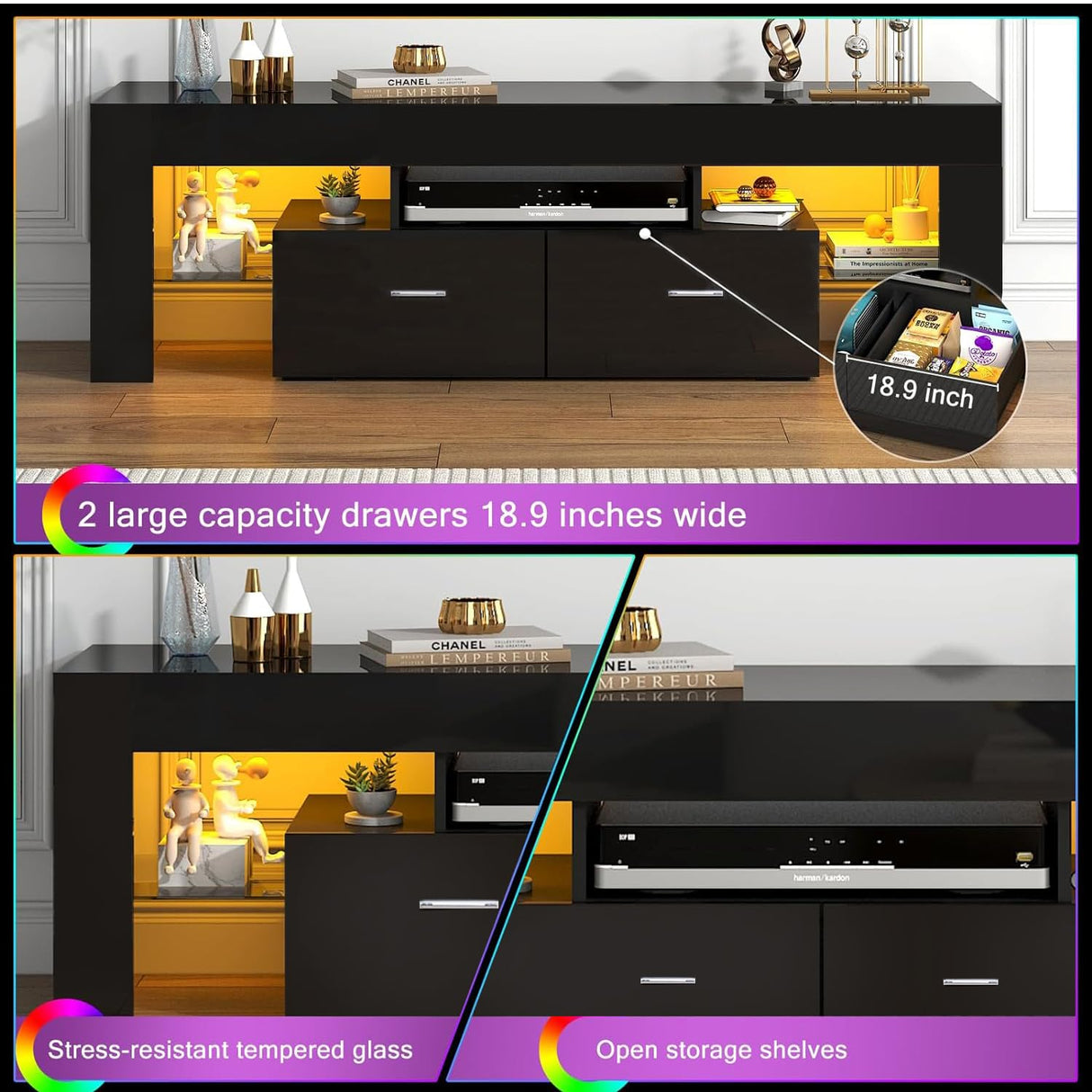 LED TV Stand for Up to 70-inch TV, Modern TV Console Table with Entertainment Center for Bedroom, Living Room(Black, 63 inch) HOUAGI