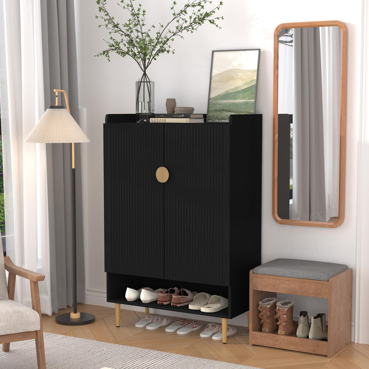 HLR Modern Shoe Cabinet Storage for Entryway, 6-Tiers Shoes Cabinet with Fluted Doors, Wood Shoes Rack with Adjustable Shelves, Black Shoe Organizer for Front Door Entrance, Closet, Living Room HLR