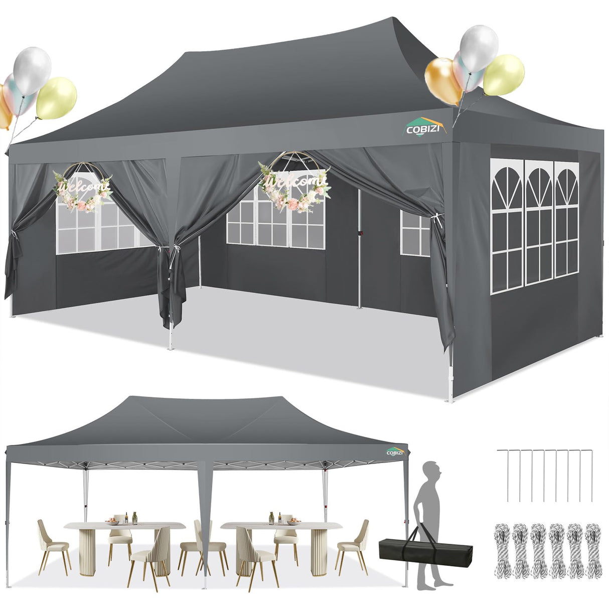 COBIZI 10x20 Pop Up Canopy with 6 Sidewalls, Conical Canopy Tent 10×20 with 3 Adjustable Height Waterproof, UV-Resistant with Carry Bag, Stakes, Ropes for Parties, Commercial, Gray(Frame Upgraded) COBIZI