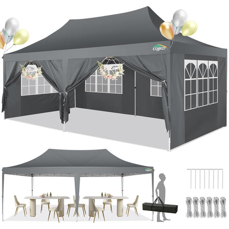 COBIZI 10x20 Pop Up Canopy with 6 Sidewalls, Conical Canopy Tent 10×20 with 3 Adjustable Height Waterproof, UV-Resistant with Carry Bag, Stakes, Ropes for Parties, Commercial, Gray(Frame Upgraded) COBIZI