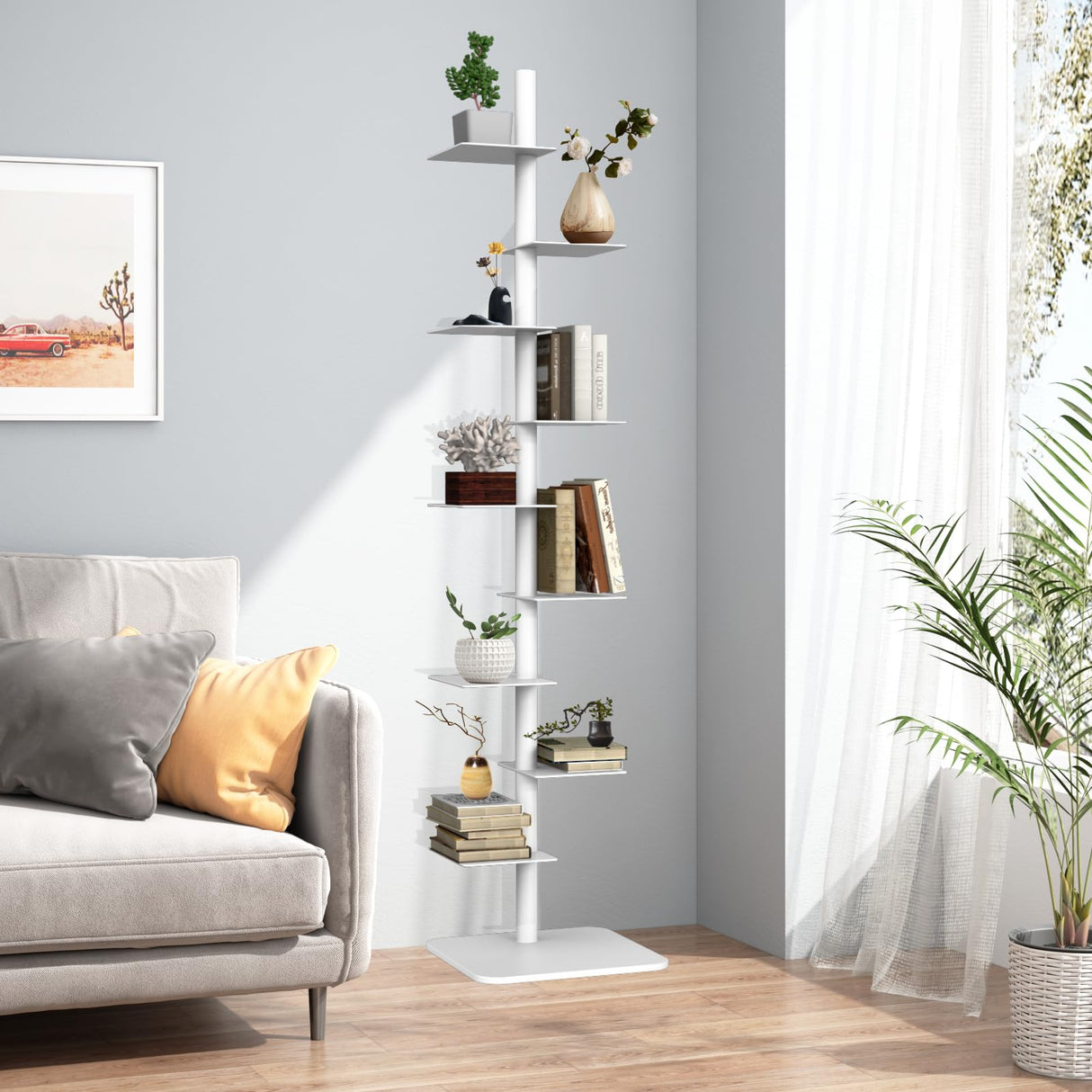 LXSEHN 9 Tier Metal Spine Bookshelf Tower, Adjustable Vertical Spine Book Tower Floor, Metal Vertical Bookshelf for Study Room,Living Room,Office,Bedroom (White) LXSEHN