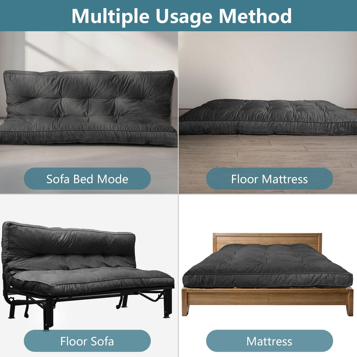 OGEMXU Futon Mattres Full Size 6",Flannel Floor Foldable for Adults,Floor Futon Mattress,High Density Shredded Foam Filling Mattress for Bedroom,Living (Frame Not Included), 54 x 80,Black OGEMXU