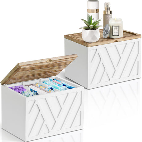 2 PCS White Tampon Holder for Bathroom Decor, Feminine Product Organizer With Lid, Shark Week Storage, Wood Pad Box for Toilet, Bathroom Accessories Jorkol
