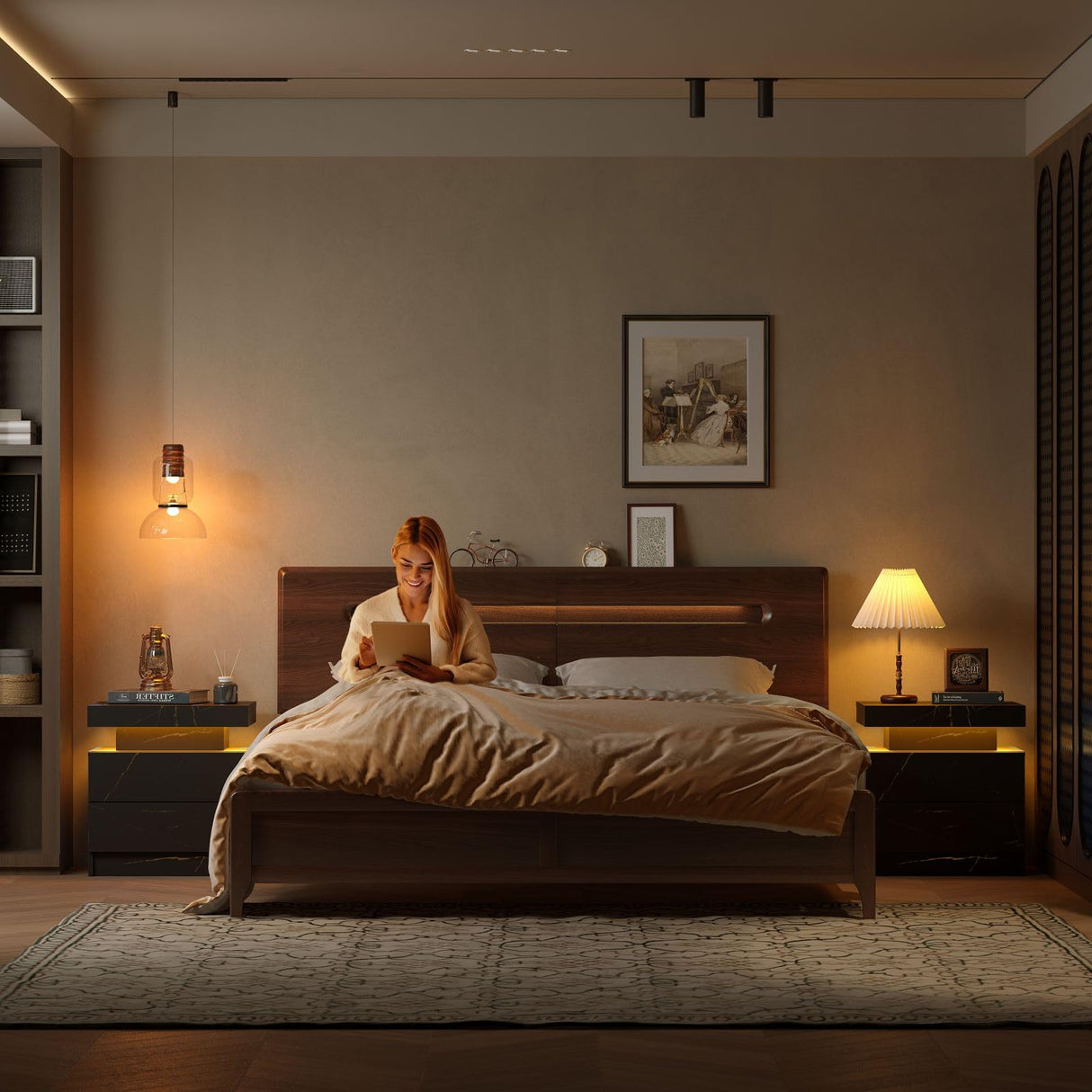 i-aplus LED Nightstand LED Bedside Table with 2 Drawers, Wooden Cabinet Unit with LED Lights for Bedroom, End Table Side Table for Bedroom Living Room… i-aplus