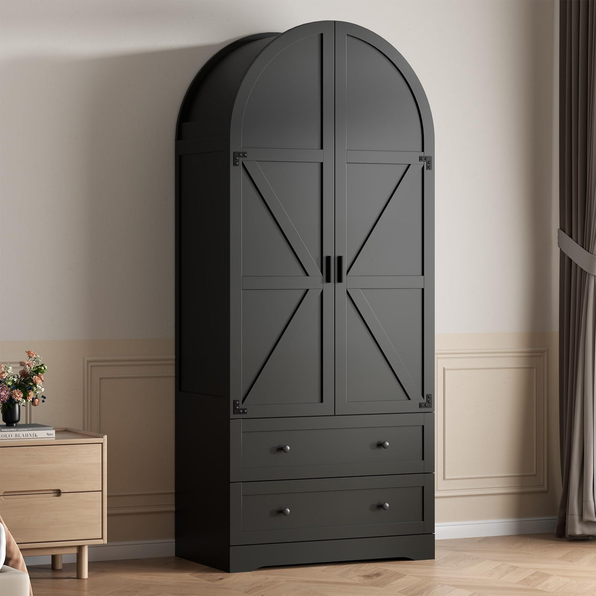 Gyfimoie 74.8" Black Armoire Wardrobe Closet with 2 Drawers and 2 Doors, Tall Bedroom Freestanding Armoire Storage Cabinet with Shelves, Wood Large Wardrobe Combination for Hanging Clothes (Black) Gyfimoie