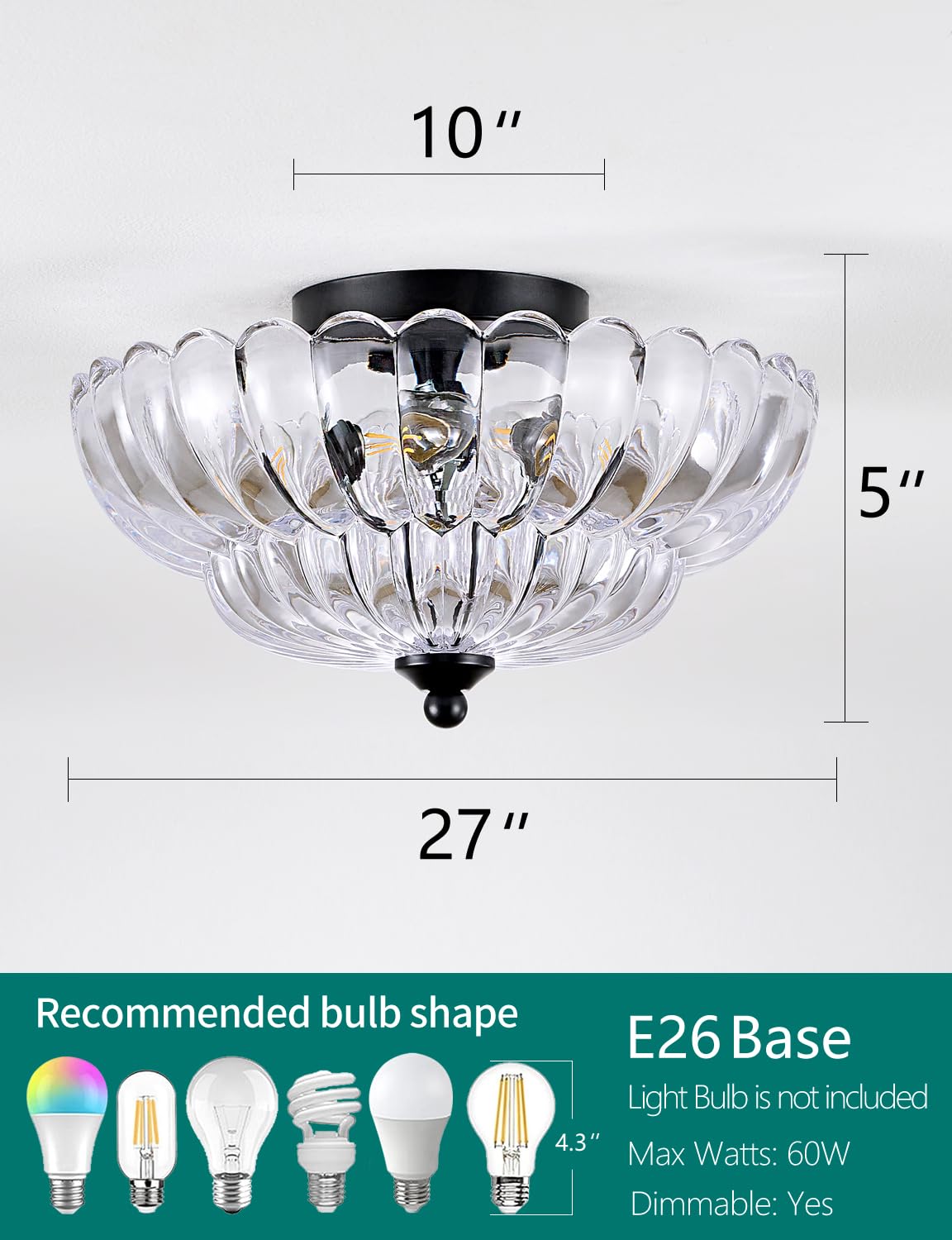 Semi Flush Mount Ceiling Light, Crystal Glass Ceiling Light Fixture, 3-Bulb Modern Black Close to Ceiling Light, Vintage Glass Ceiling Lights for Bedroom Kitchen Living Room, Bulb Not Included SIJINCHEN