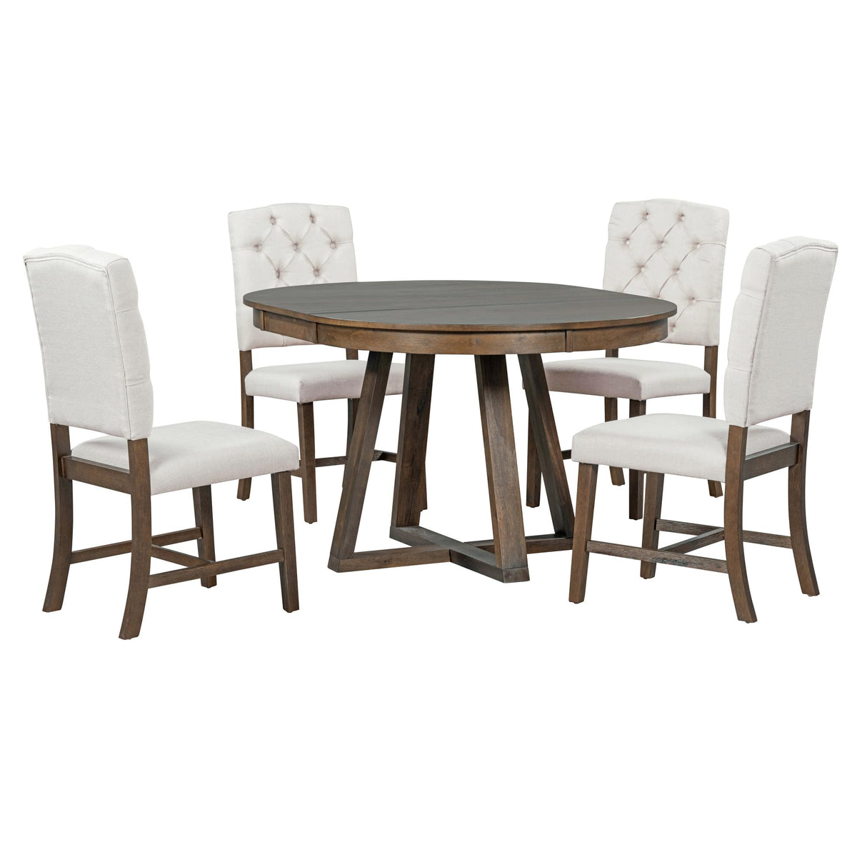 Merax, Walnut 5-Piece Retro Functional Set,Round Wood Table with a 16" W Leaf and 4 Upholstered Chairs for Dining Room Merax