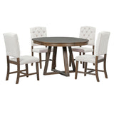 Merax, Walnut 5-Piece Retro Functional Set,Round Wood Table with a 16" W Leaf and 4 Upholstered Chairs for Dining Room Merax